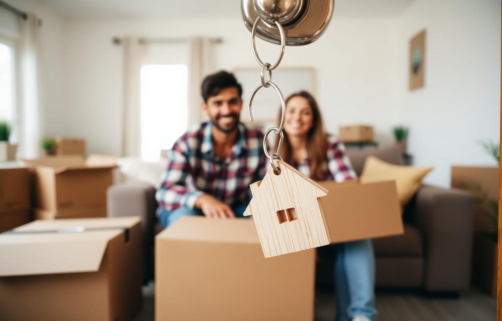 Happy couple unpacking moving boxes in their new San Antonio home with a wooden house keychain in the foreground