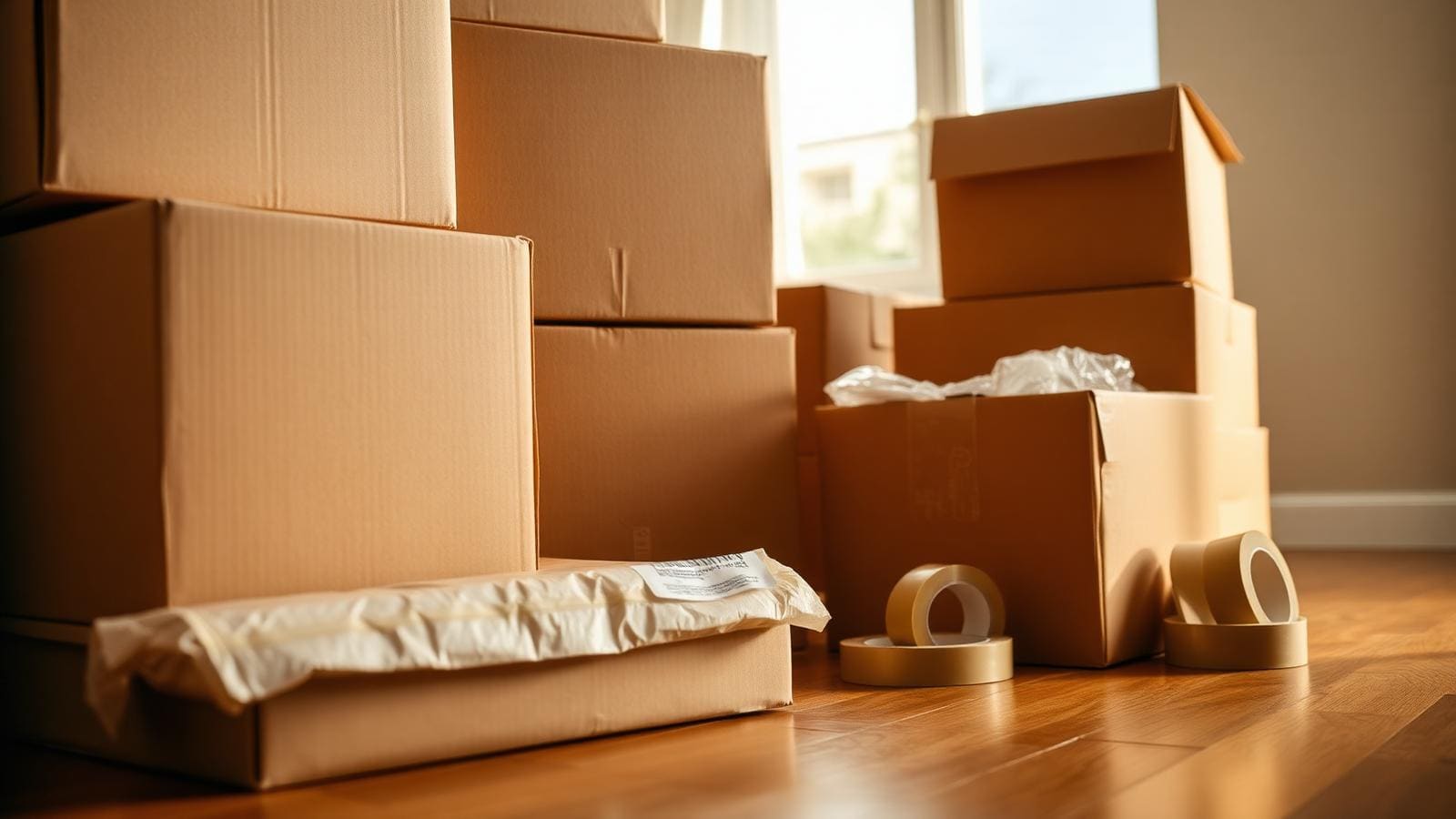 Stacked cardboard moving boxes and packing supplies ready for a Texas move