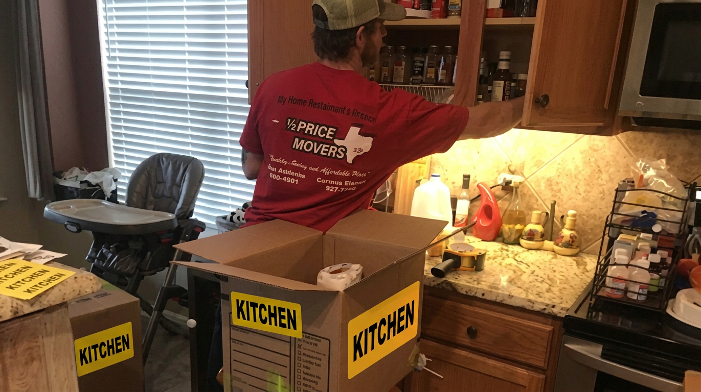 Half Price Movers crew carrying furniture into a home